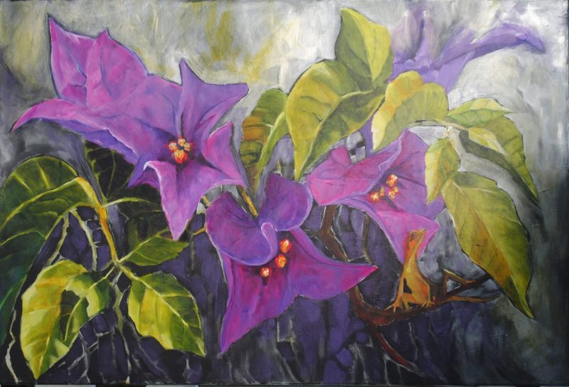 Bougainvillea with Anole, painting by Phyllis Charles