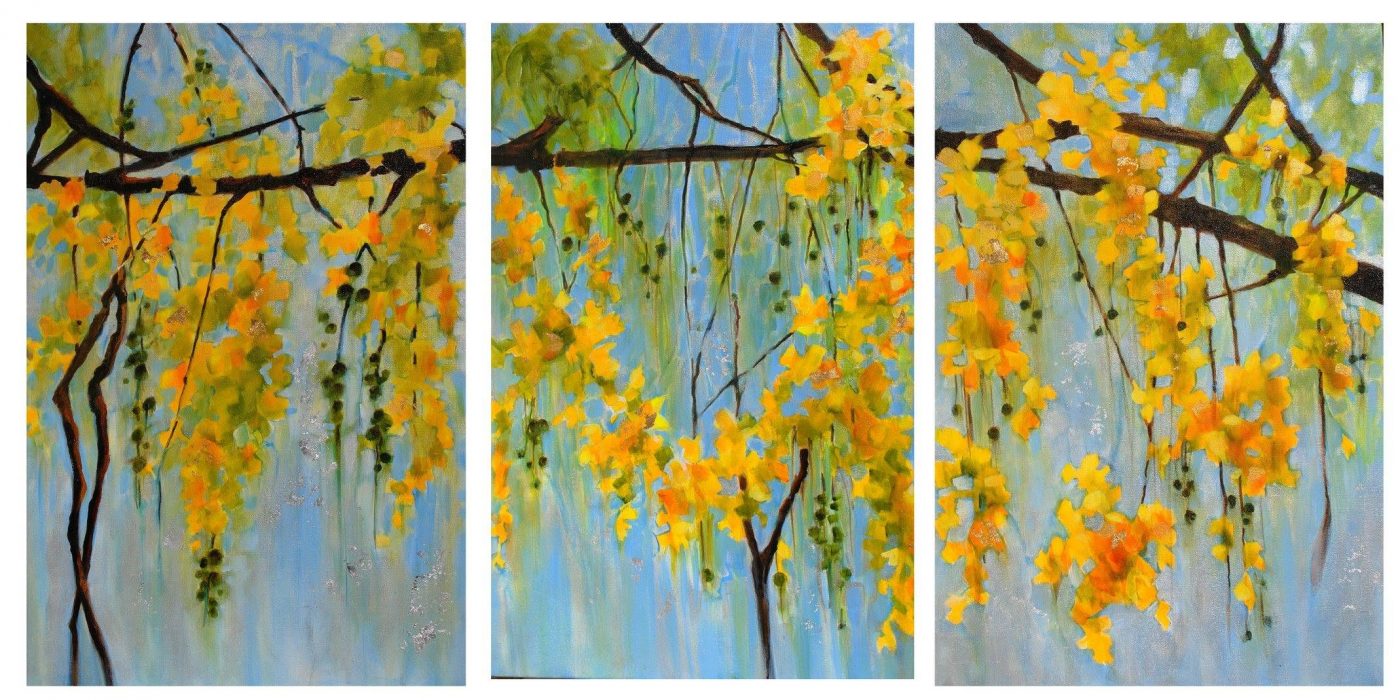 Cassia fistula triptych, painting by Phyllis Charles