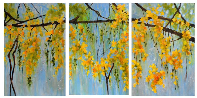Cassia fistula triptych, painting by Phyllis Charles